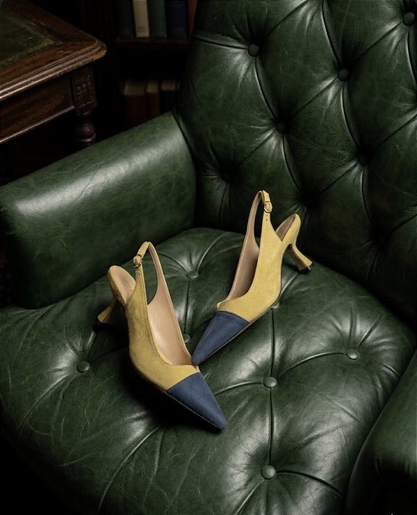 Scarpin Slingback Salto Médio Camurça Bicolor Luiza Barcelos