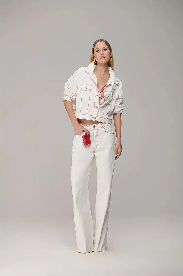 Calça Reta Sarja Pespontada Zigzag Caos Moda