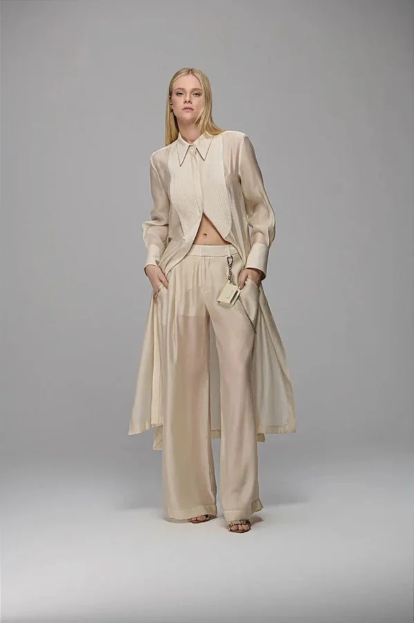 Calça Feminina com Transparência e Pregas Caos Moda