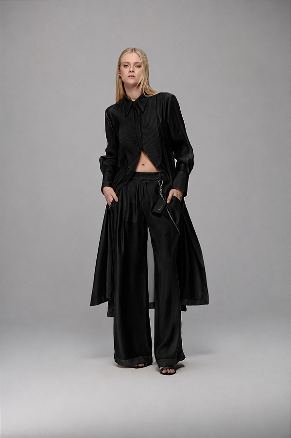 Calça Feminina com Transparência e Pregas Caos Moda