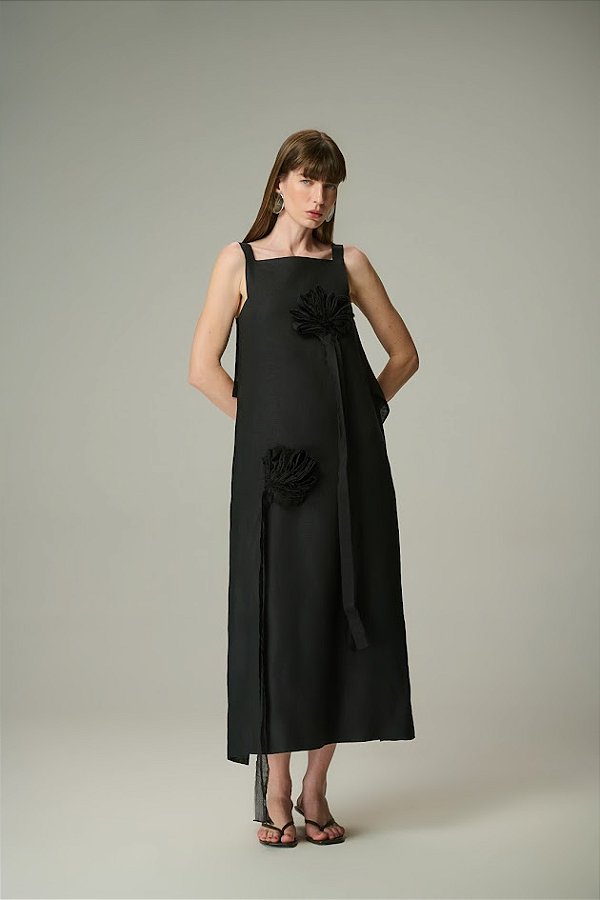 Vestido Midi Linho 100% Natural Aplicação Flor 613 Oficial