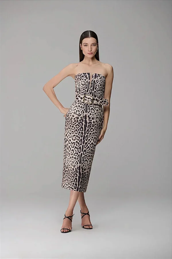 Vestido Midi Strapless com Cinto Jaguar Caos Moda