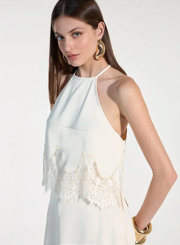 Blusa Halter com Aplicação de Renda Skazi