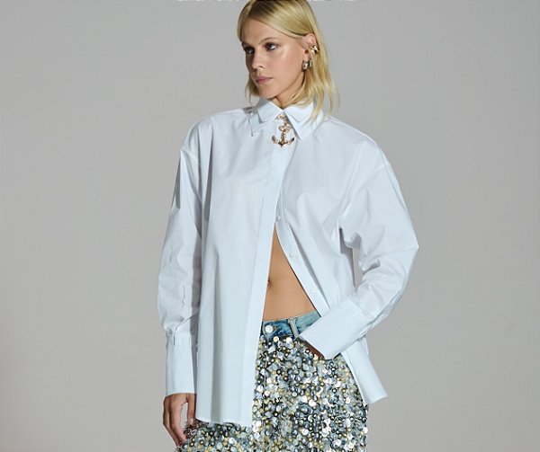 Camisa Tricoline Detalhes Jeans Gola Dupla Caos Moda