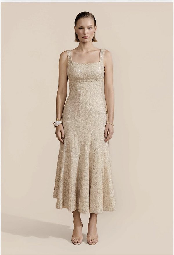 Vestido Midi Textura Tramada com Paetê Fleche D'or