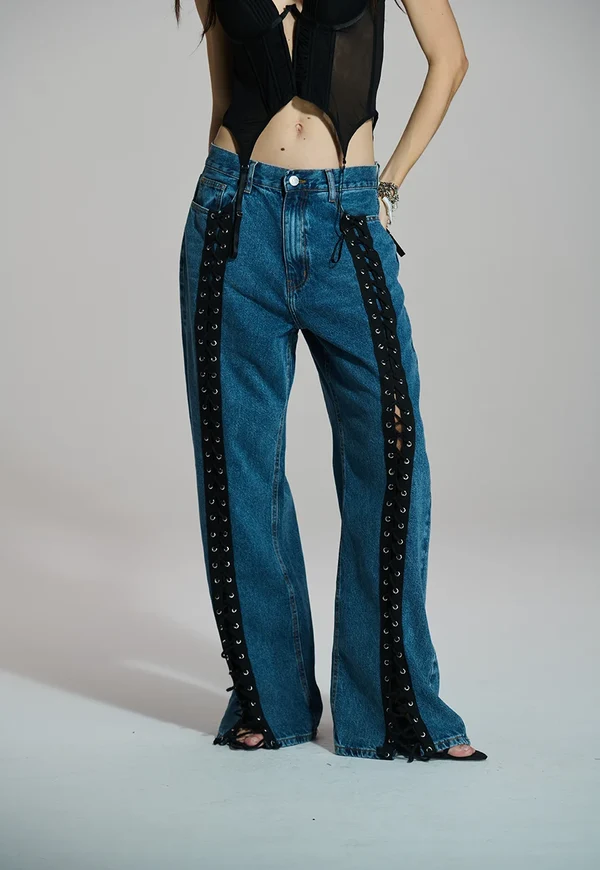 Calça Jeans Wide Leg Trançada Caos Moda