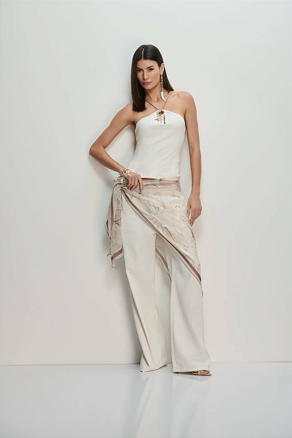 Calça Wide Leg Sarja com Lenço Caos Moda