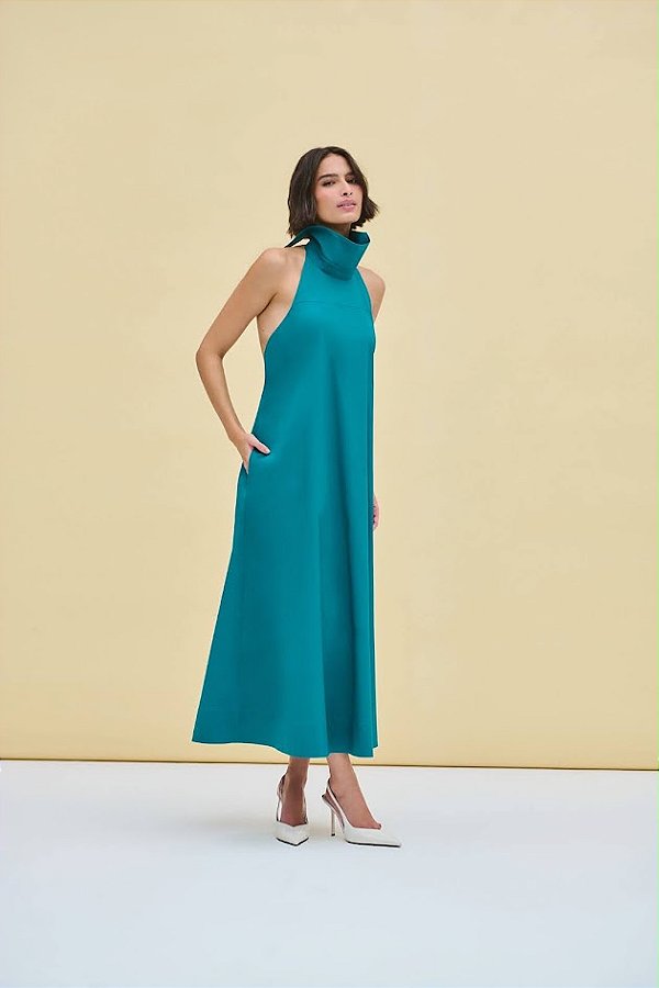 Vestido Midi Gola Alta Tricoline 613 Oficial