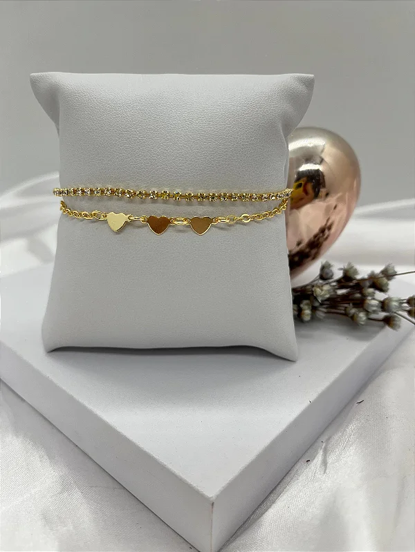 Pulseira Dupla Strass e Coração Liso - Banhado a Ouro Flash