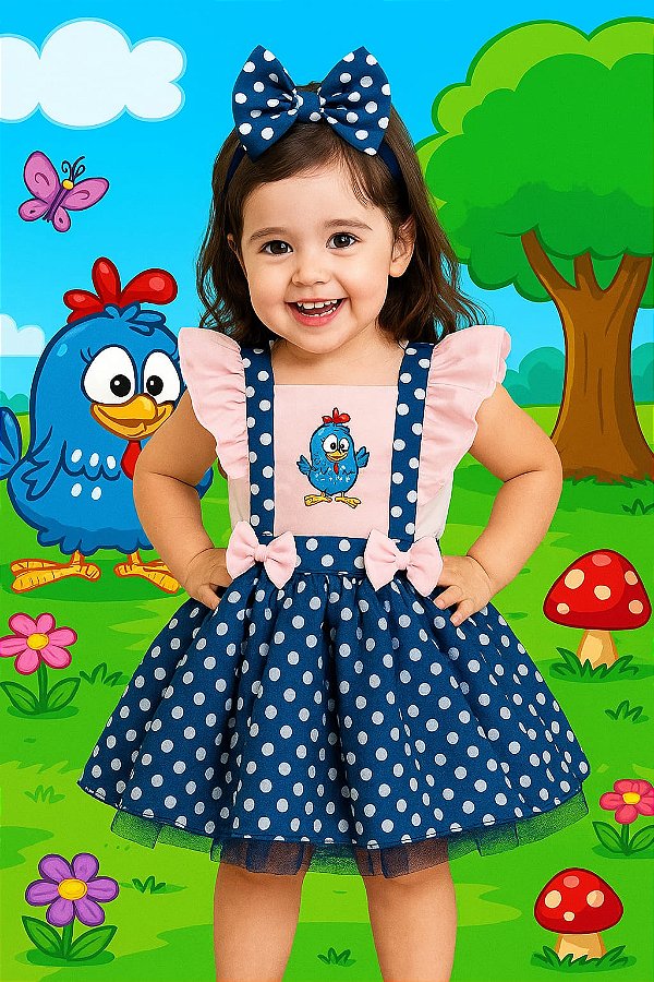 Jardineira Galinha Pintadinha Rosa Tule+Laço