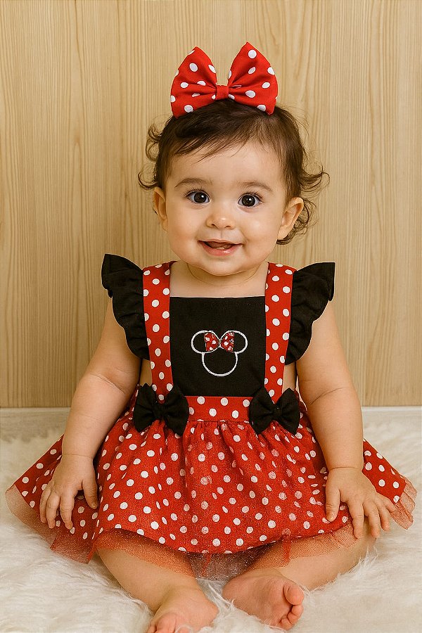 Jardineira Minie Vermelha Tule Vermelho +Laço