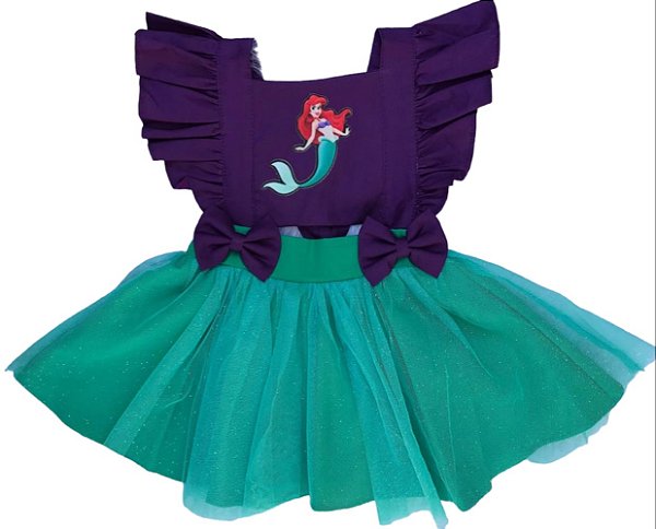 Salopete Ariel roxo e verde +Tule+ Laço
