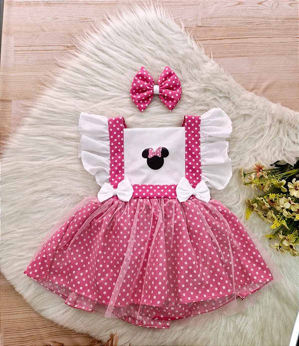 Jardineira Minie Rosa Chiclete tule Rosa+laço