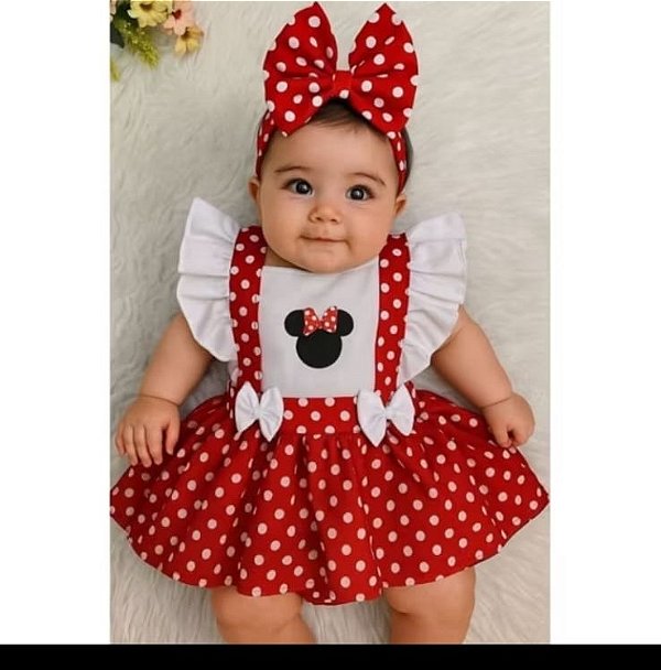 - Jardineira Minie Vermelha Tule Vermelho Busto Branco +Laço