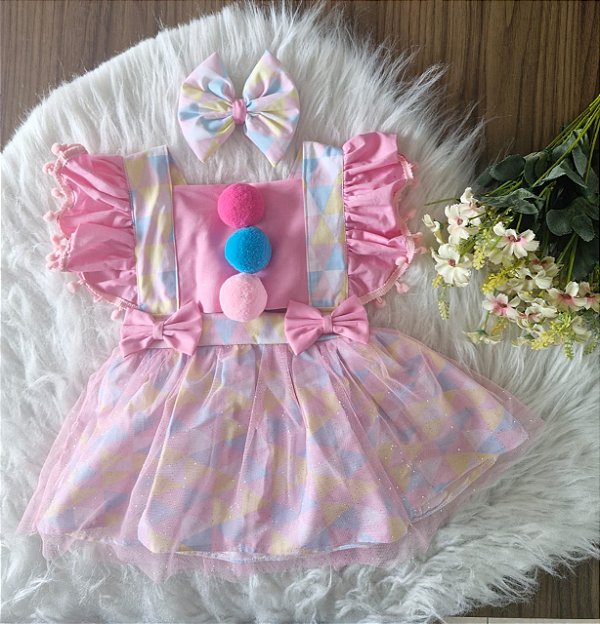 Jardineira Circus Rosa com Tule +Laço