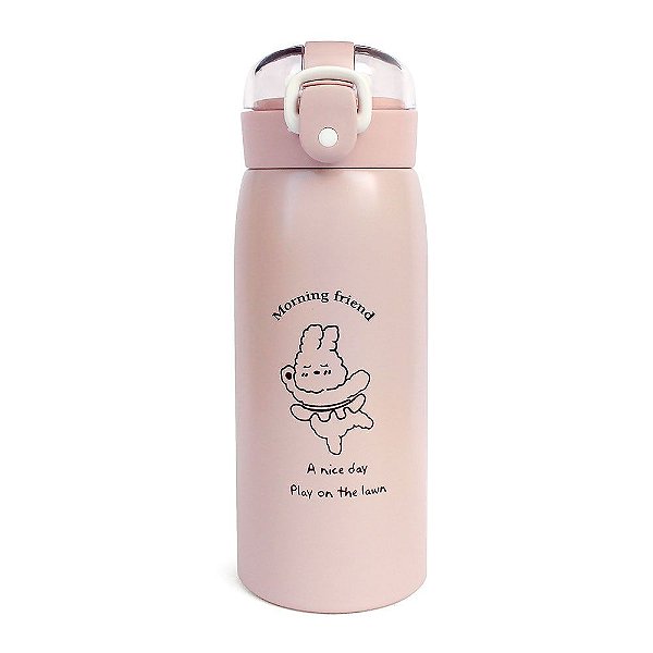 Garrafa Térmica Com Canudo 350ml Com Botão e Trava Animais Rosa Coelho