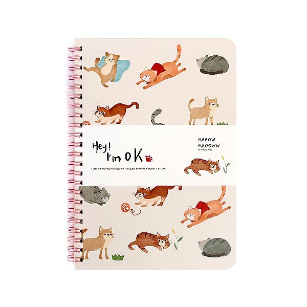 Caderno Espiral Pautado A5 Hey! I'm Ok Gatos Creme