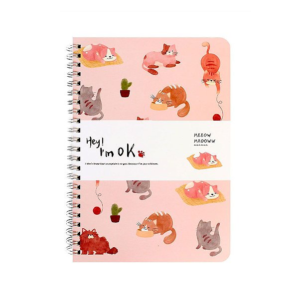 Caderno Espiral Pautado A5 Hey! I'm Ok Gatos Rosa