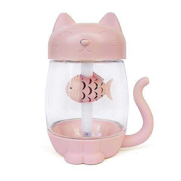 Umidificador de Ar Multiuso Gato USB Com Função de Luz e Ventilador Rosa