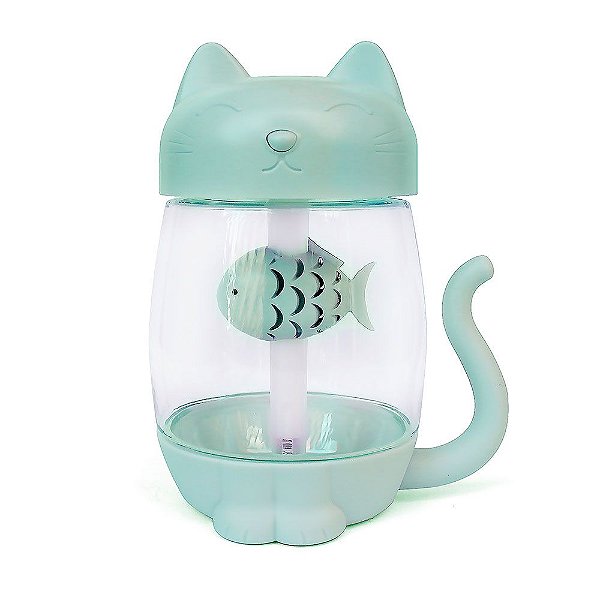 Umidificador de Ar Multiuso Gato USB Com Função de Luz e Ventilador Verde