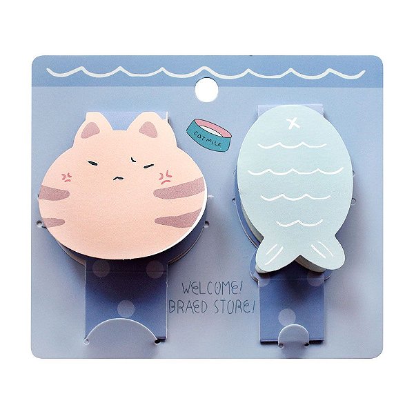 Kit com 2 Post-its Com Base Gato Peixe - Azul