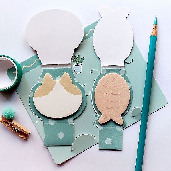 Kit com 2 Post-its Com Base Gato Peixe - Verde