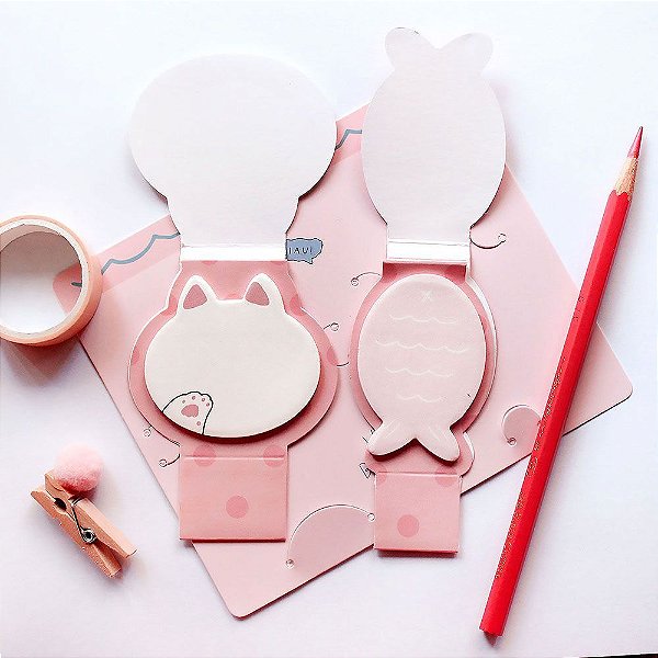Kit com 2 Post-its Com Base Gato Peixe - Rosa