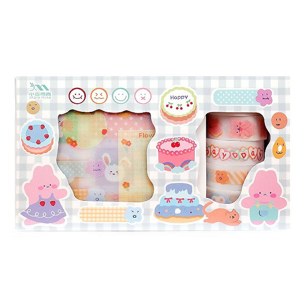 Kit de 9 adesivos + 5 deco tapes Animais Fofos Azul Listrado Coelho
