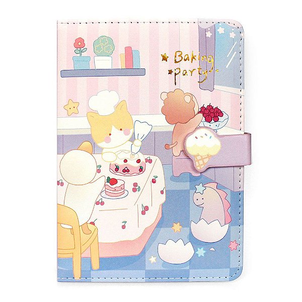Caderno Brochura Com Folhas Ilustradas e Fecho Magnético Soft Touch Baking Party Animais Roxo
