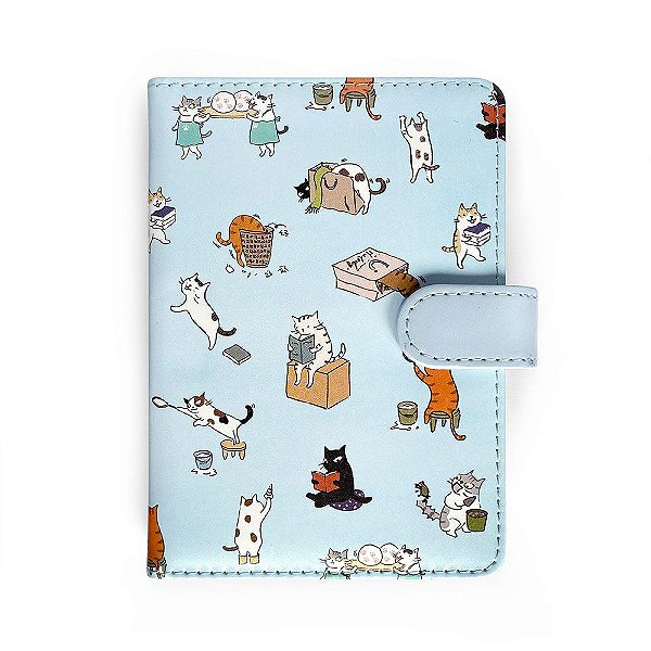 Caderno Brochura Com Folhas Ilustradas e Fecho Com Botão Gatinhos Azul Pequeno