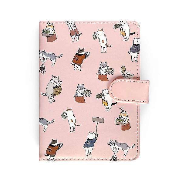 Caderno Brochura Com Folhas Ilustradas e Fecho Com Botão Gatinhos Rosa Pequeno