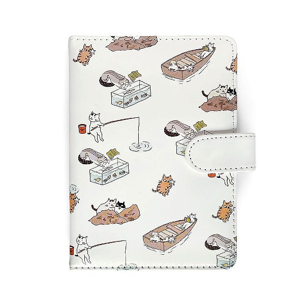 Caderno Brochura Com Folhas Ilustradas e Fecho Com Botão Gatinhos Branco Pequeno