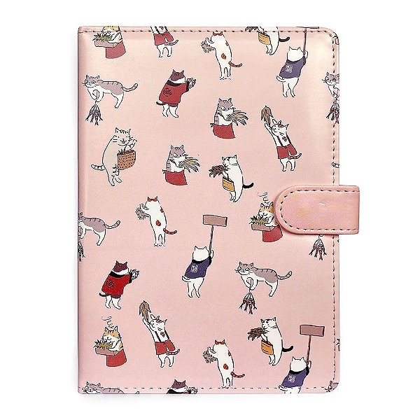 Caderno Brochura Com Folhas Ilustradas e Fecho Com Botão Gatinhos Rosa Grande