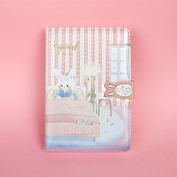 Caderno Brochura Com Folhas Ilustradas e Fecho Magnético Soft Touch Coelho Rosa
