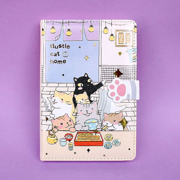 Caderno Brochura Com Folhas Ilustradas e Fecho Magnético Soft Touch Gato Restaurante Rosa
