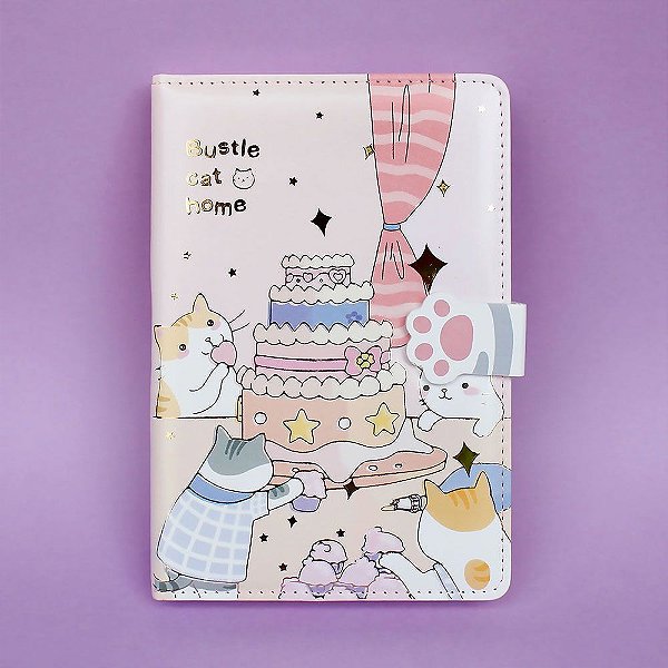 Caderno Brochura Com Folhas Ilustradas e Fecho Magnético Soft Touch Gato Bolo Rosa