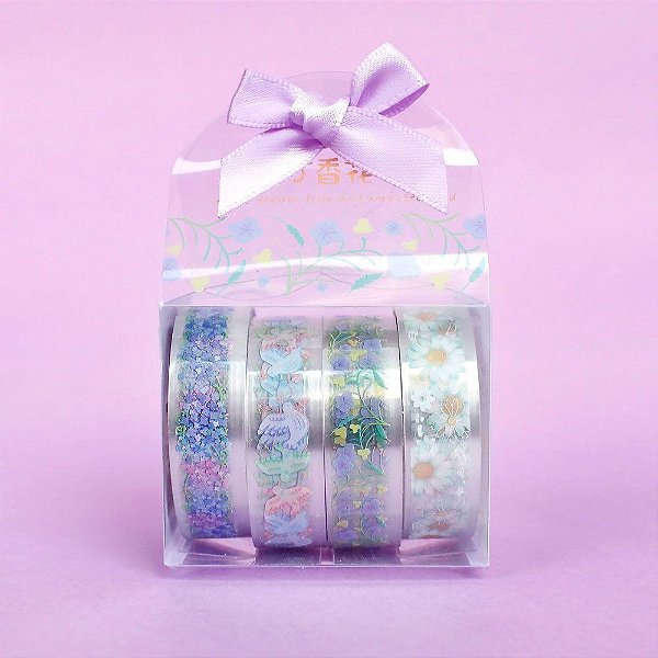 Fita Decorativa Deco Tape Transparente Floral Roxo