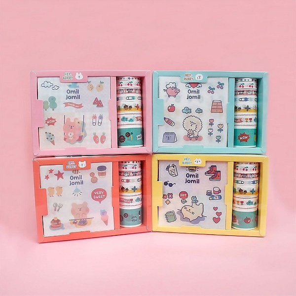Kit de 9 Adesivos + 7 Washi Tapes Animais Fofos Omiljomil