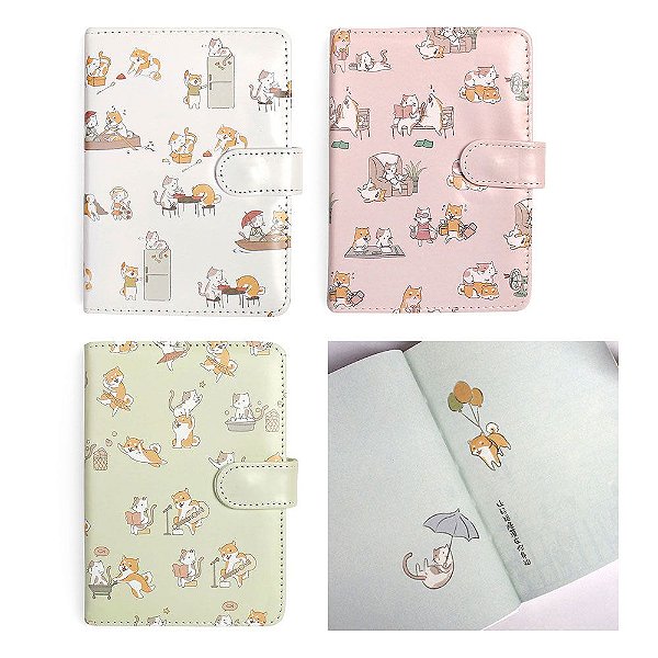 Caderno Brochura Com Folhas Ilustradas e Fecho Com Botão Cachorrinhos e Gatinhos Pequeno