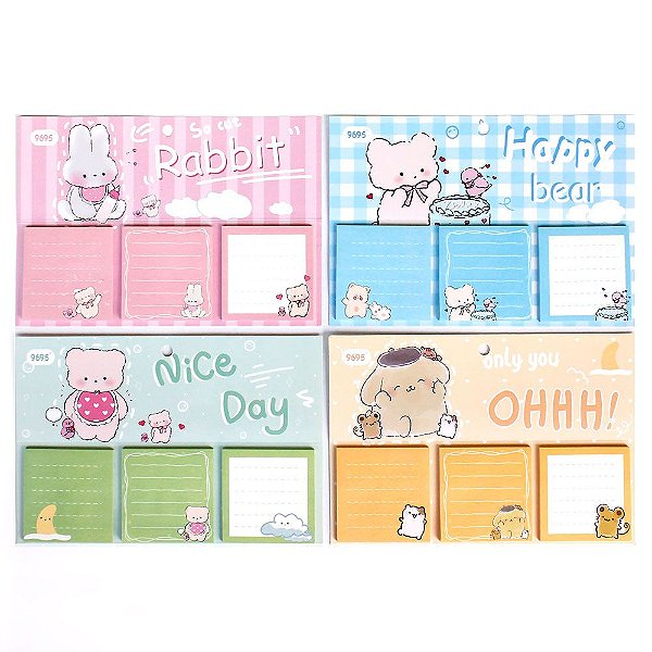 Cartela de 3 Blocos de Notas Autoadesivos Animais fofos