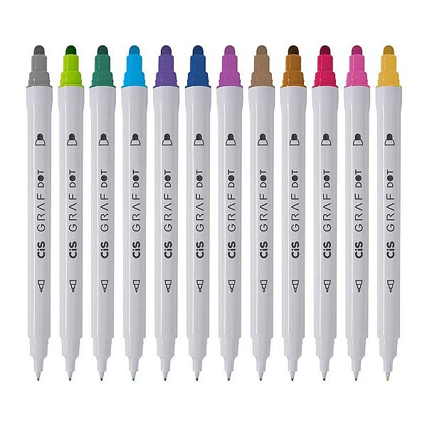 Marcador Artístico 2 pontas Dot e Ponta Fina 0.5 Graf Dot CiS Kit com 12 Cores