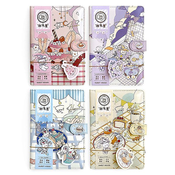 Caderno Brochura Com Folhas Ilustradas e Fecho Magnético Soft Touch Coelhos Sweet House