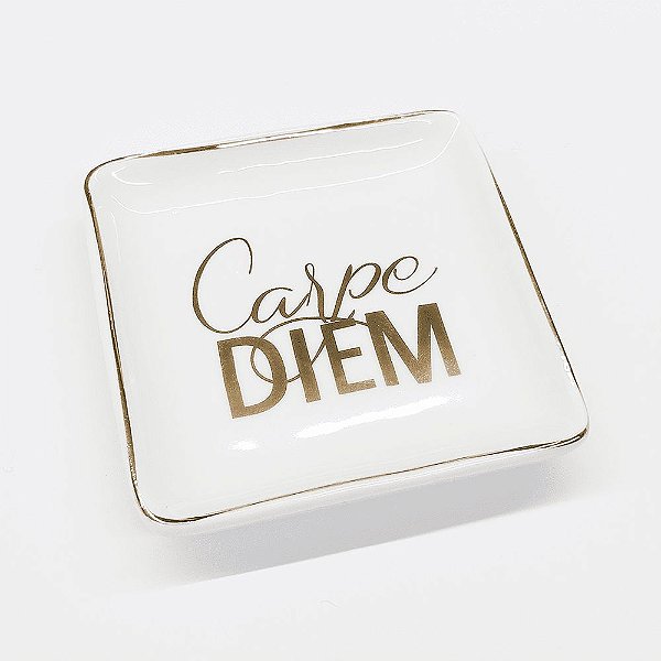 Pratinho Pequeno Porta Joias de Porcelana Quadrado Branco Carpe Diem