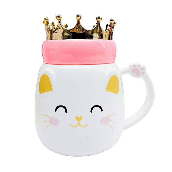 Caneca de Cerâmica Gato Com Tampa de Coroa Dourada - Branco