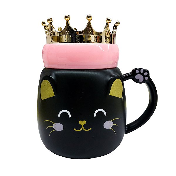 Caneca de Cerâmica Gato Com Tampa de Coroa Dourada - Preto