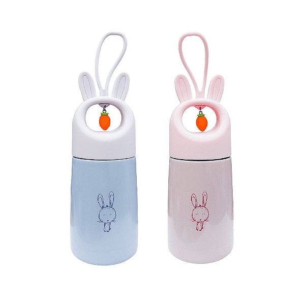 Garrafa Coelhinho Aço Inox Com Alça e Pingente de Cenourinha 330ml
