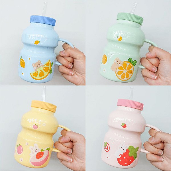 Caneca de Cerâmica Com Canudo 430ml Leite Fermentado