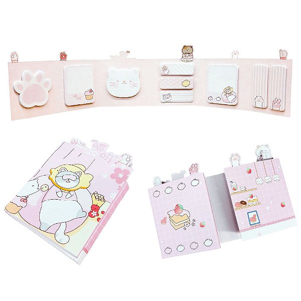 Cartela de Blocos Autoadesivos 6 Partes 9 Blocos Record Ben Miao's Daily Life Rosa