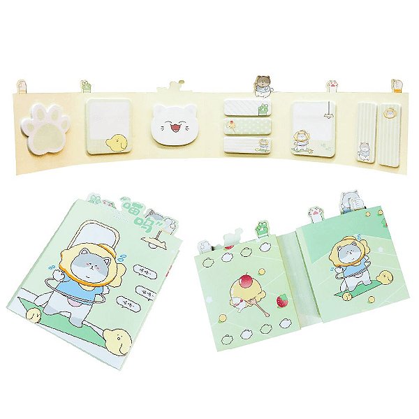 Cartela de Blocos Autoadesivos 6 Partes 9 Blocos Record Ben Miao's Daily Life Verde