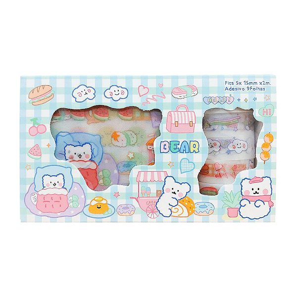 Kit de 9 Cartelas de Adesivos + 5 Deco Tapes Animais Fofos Azul Urso